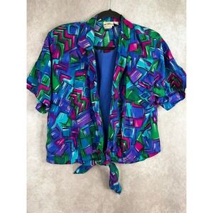 VTG 90s Koret Blouse Womens Small Multicolor Geometric Abstract Tie Front Rayon